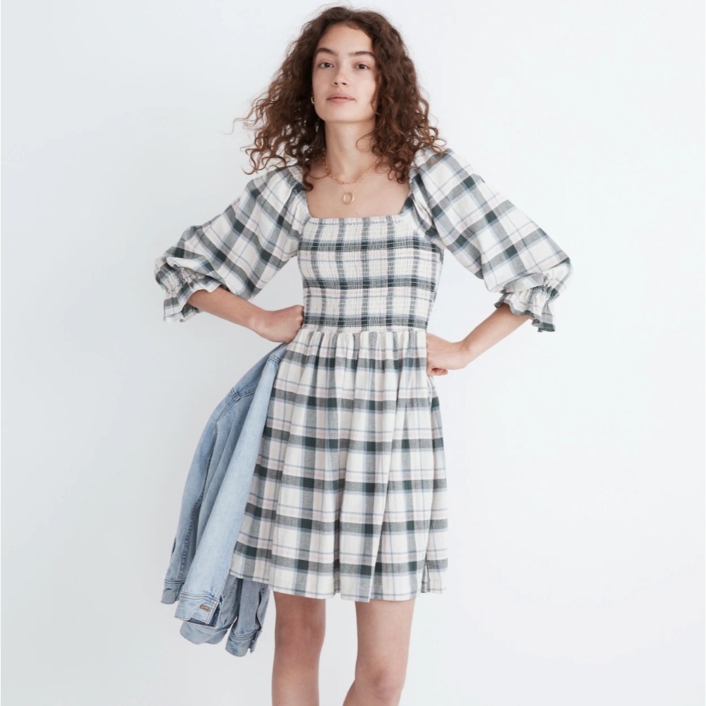 💥LAST CHANCE💥 Madewell Elbow-Sleeve Smocked Mini Dress in Labaum Plaid